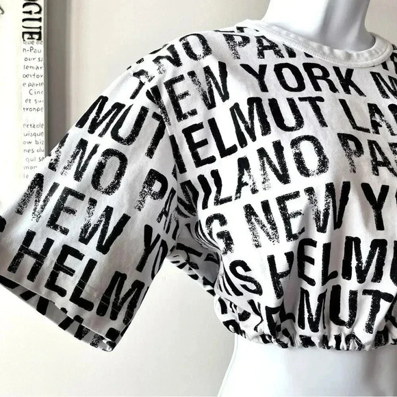 Helmut Lang WomenâsâUpcycled All Over Logo Cropped Short Sleeve Cotton T-shirt S - Picture 5 of 11
